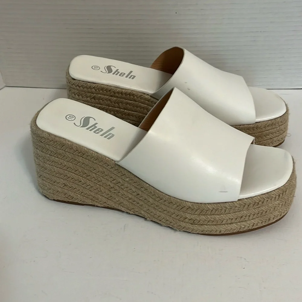 Sandal shoes woman’s 10 white jute espadrille slip on chunky platform wedge heel